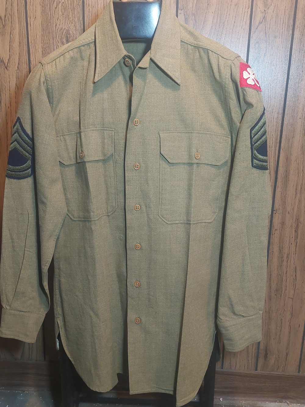 Men's  WWII Olive Green Military Field Gas Flap Shirt W Patches 40s 50s Wool